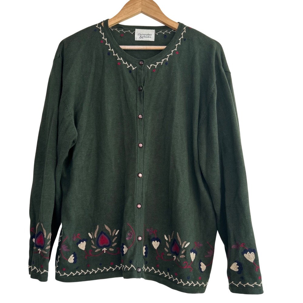 90s Christopher & Banks Cardigan Sweater Embroidered‎ Floral Heart cottagecore